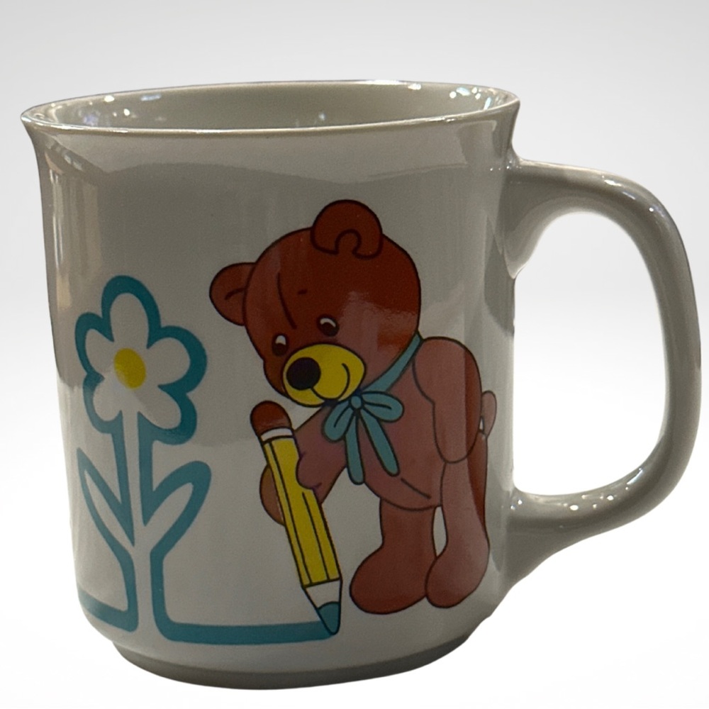 J.S.N.Y. Coffee Cup Mug with Bear Holding and Drawing with a Colored Pencil